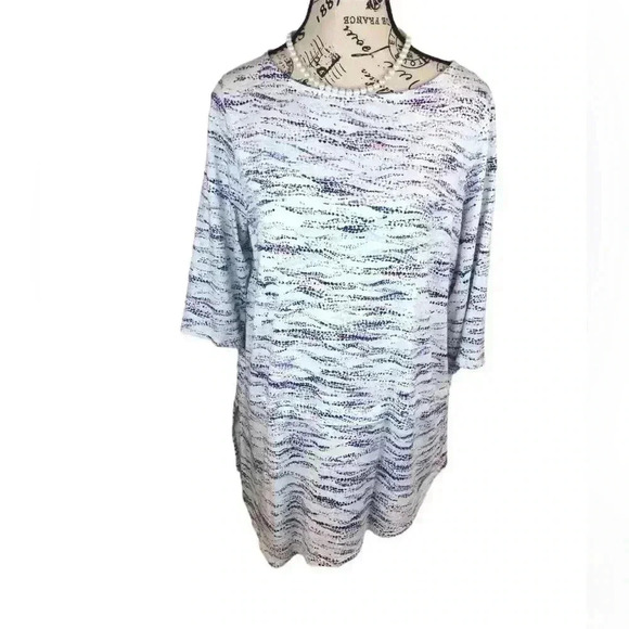 Pure Jill Womens Medium White Blouse Marbled Blue Print Asymetrical Hem - Picture 1 of 5